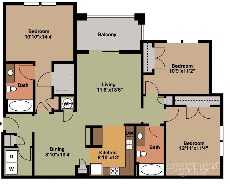 Floor plan for 3 beds, 2 baths, 1372 sqft